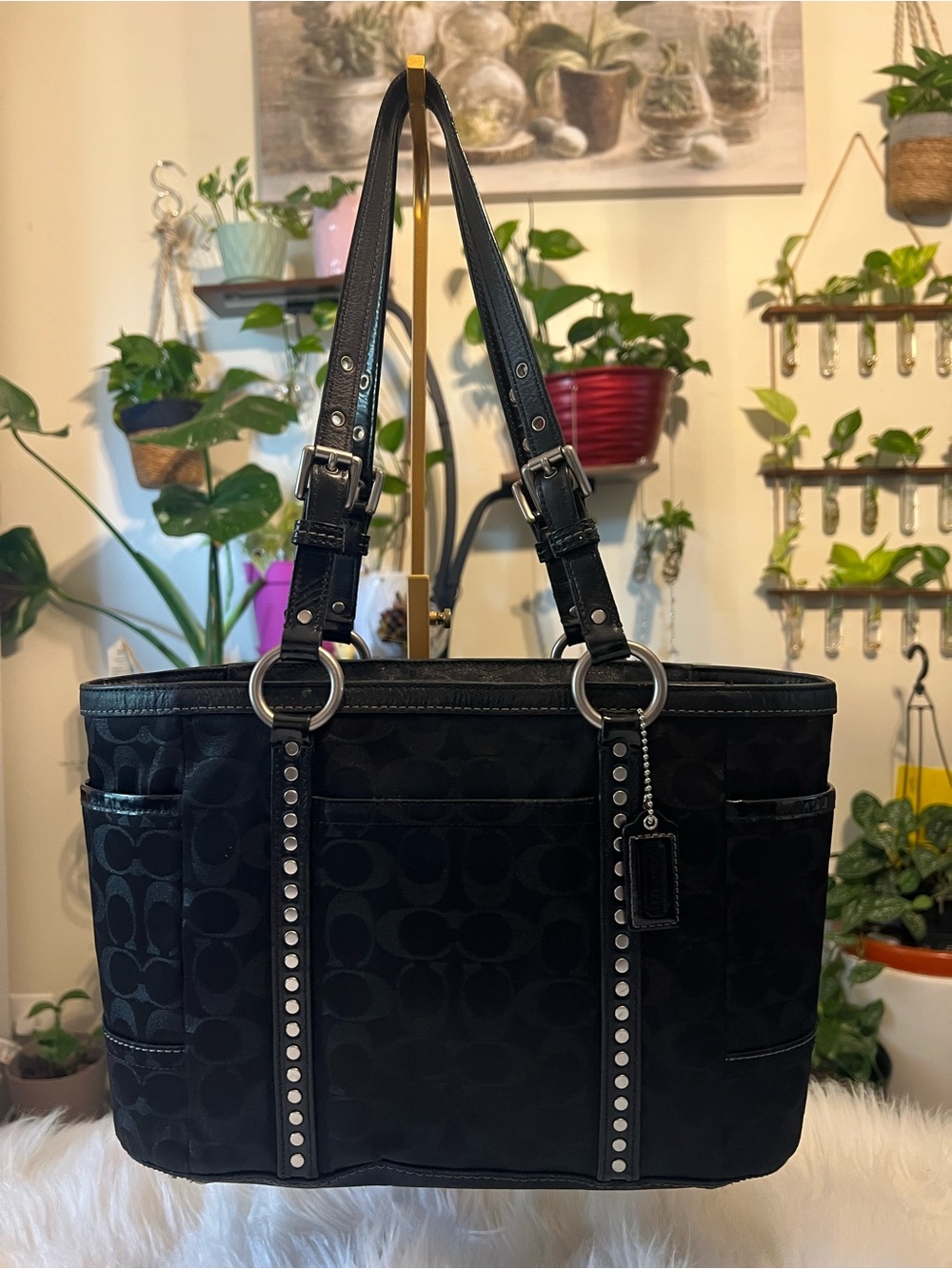 Coach Black Signature Nylon Shoulder Tote with Silver Stud Trim